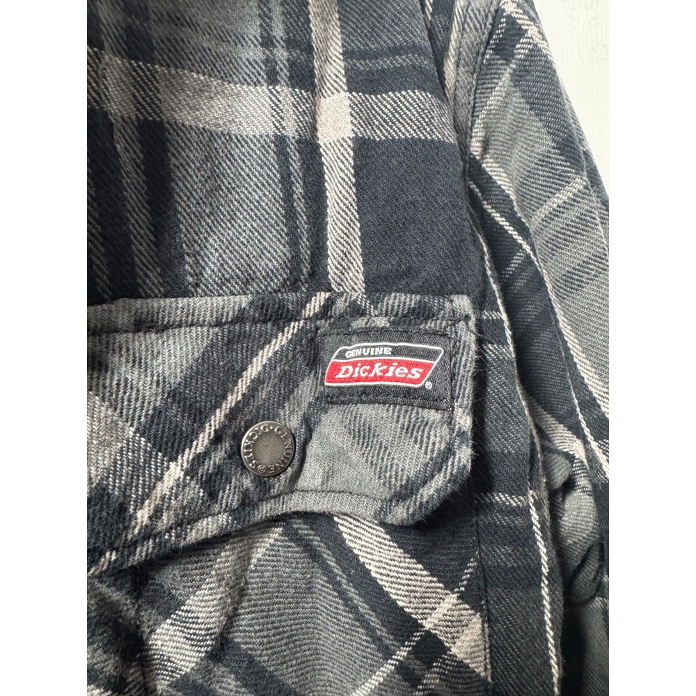 Genuine Dickies Hooded Flannel Shirt Jacket L Grey Black Plaid Quilted Vintage - Picture 3 of 7